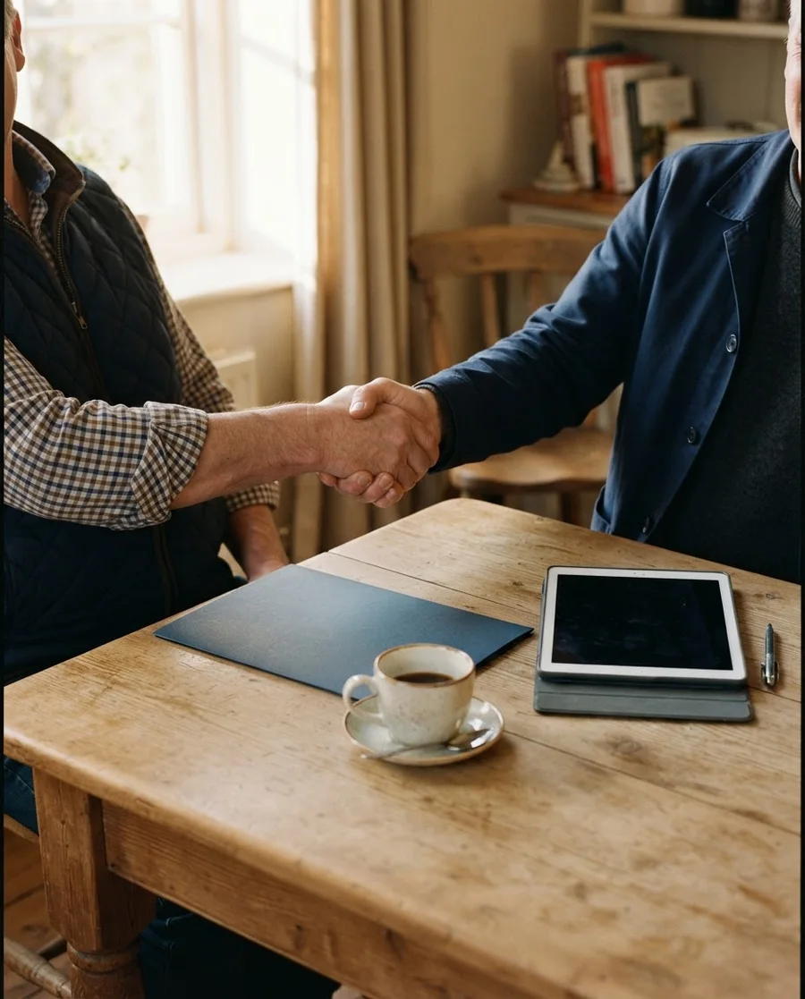Twee mensen geven elkaar een hand aan een houten keukentafel, met een map, tablet en koffie