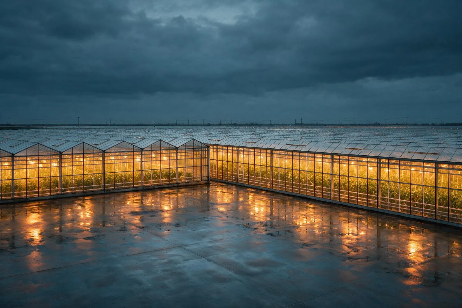 Nederlandse glastuinbouwkassen bij schemering, met de belichting warm gloeiend door het glas