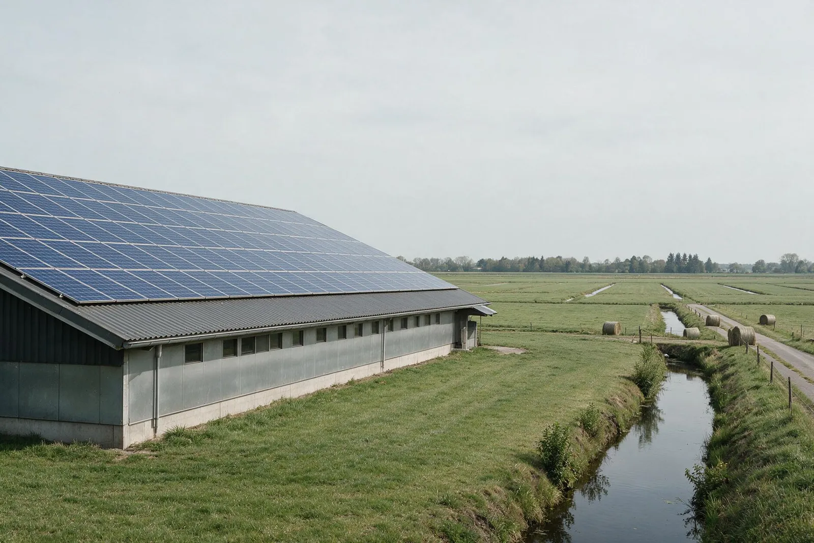 Ligboxenstal in de polder met het dak vol zonnepanelen